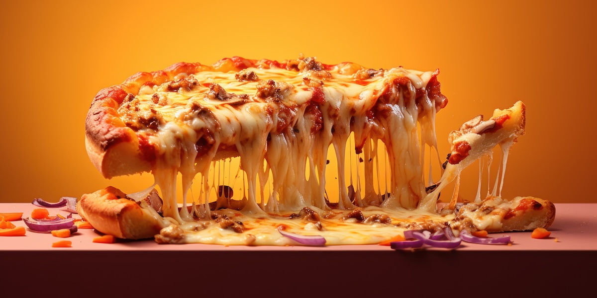 Trozo de pizza con queso derretido y crujientes topping del catálogo de Stree Food de Grupo Senda